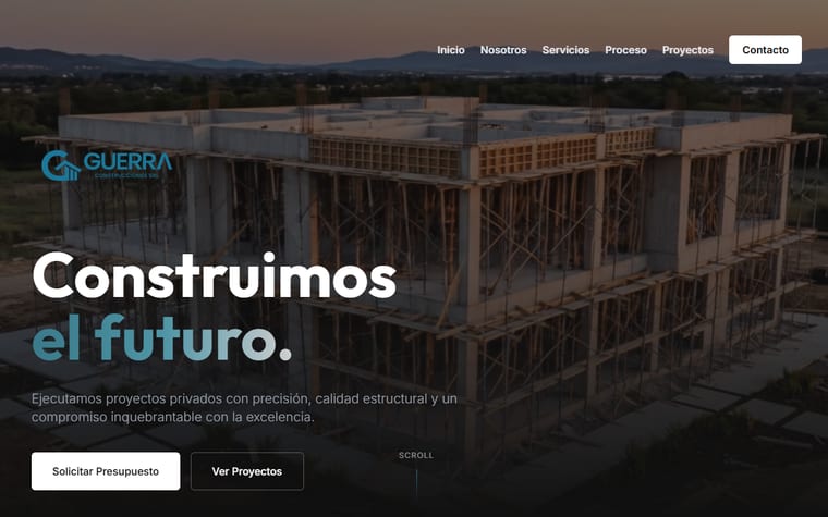 Pantalla de inicio del sitio de Guerra Construcciones