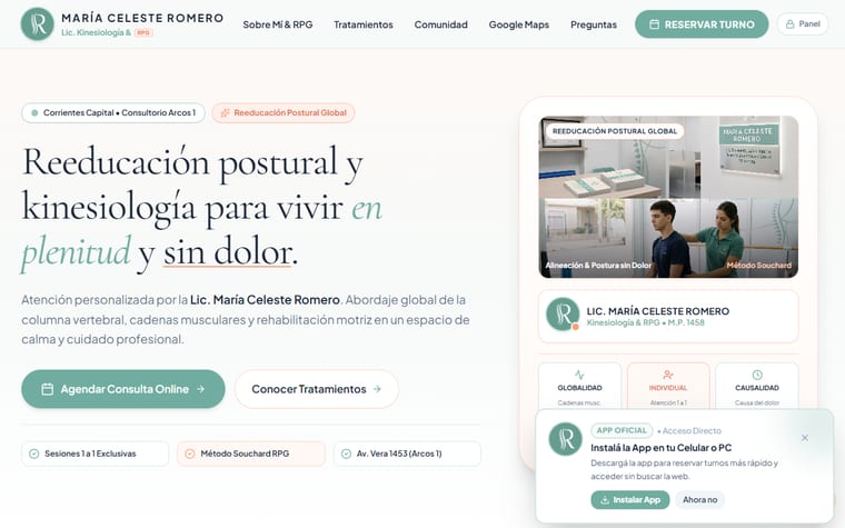 Pantalla de inicio del sitio de kinesiología de Celeste Romero