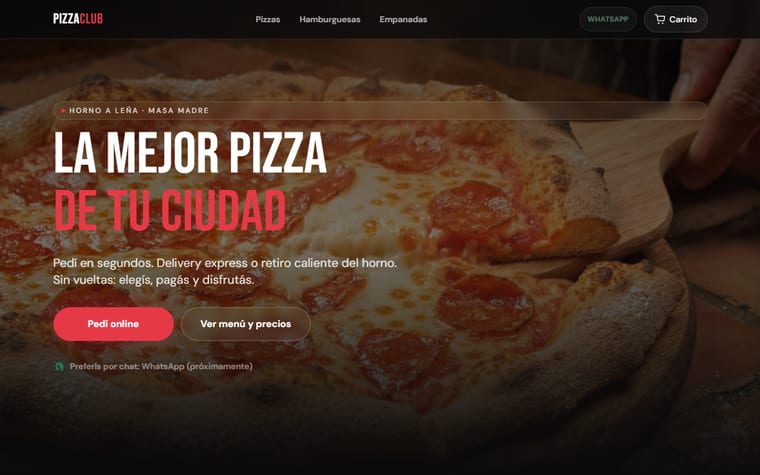 Pantalla de inicio de la tienda online Pizza Club