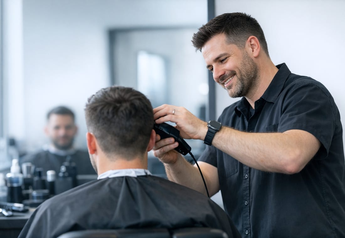 Barbero sonriendo mientras atiende a un cliente en una barbería luminosa