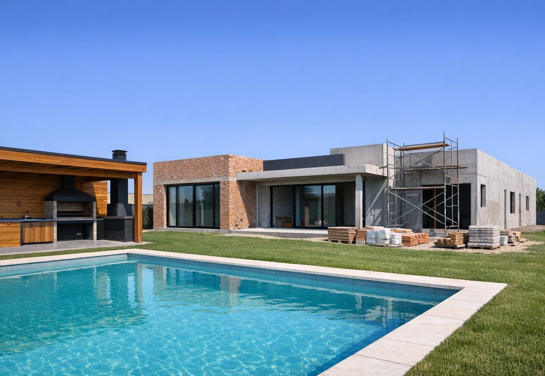 Casa moderna en construcción con pileta terminada y quincho de madera