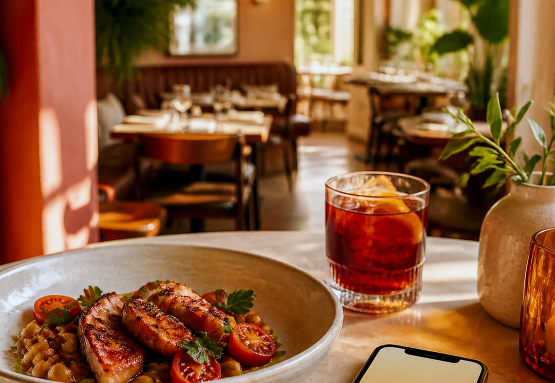 Plato servido en la mesa de un restaurante con luz de día