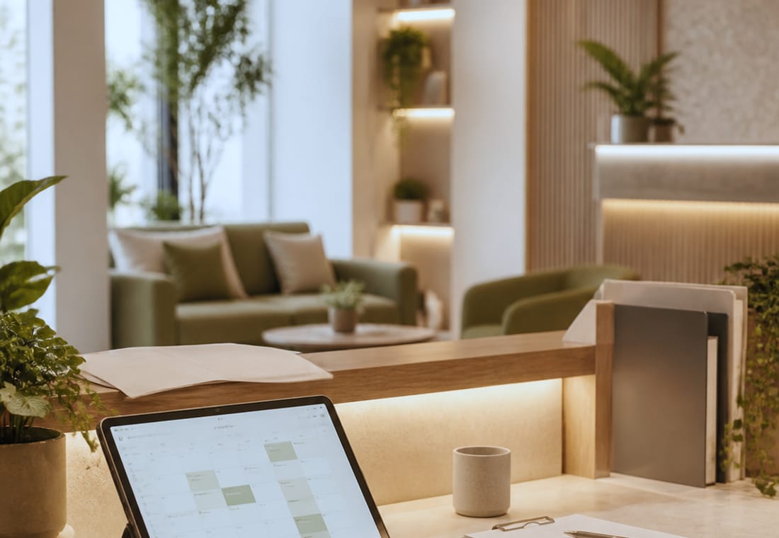 Recepción luminosa de un consultorio con una agenda en pantalla