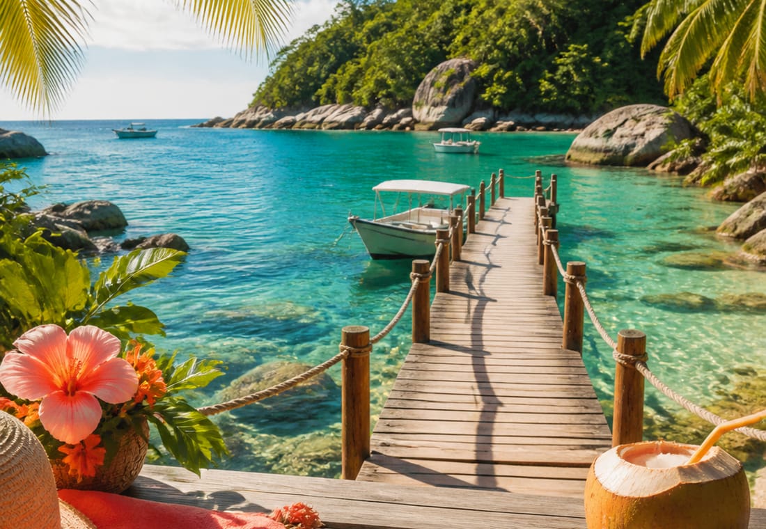 Muelle de madera sobre agua turquesa en una playa tropical